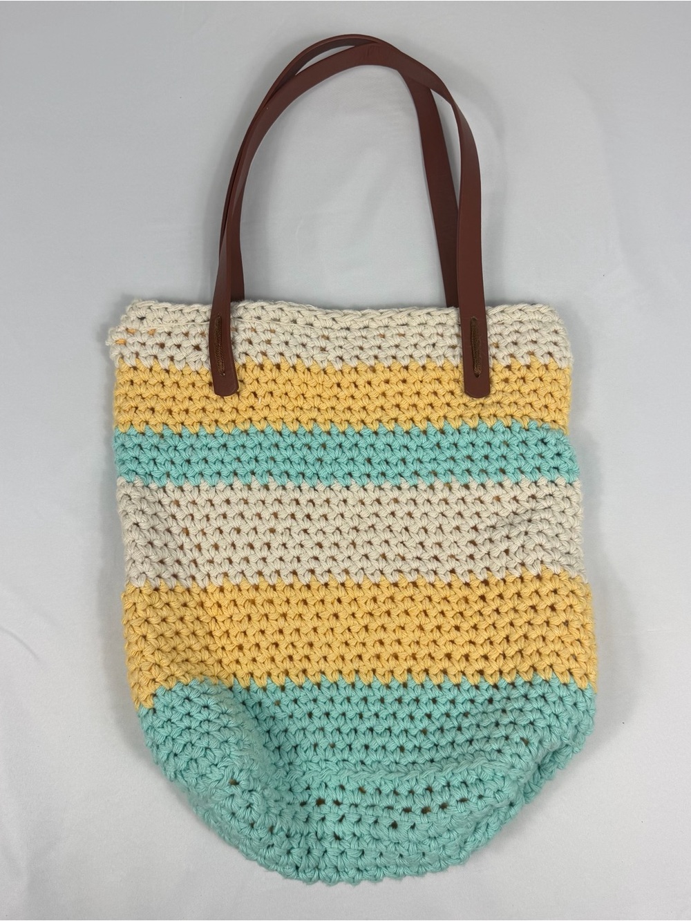Crochet Striped Tote Bag Aqua Yellow Cream Brown Handles Boho Beach
